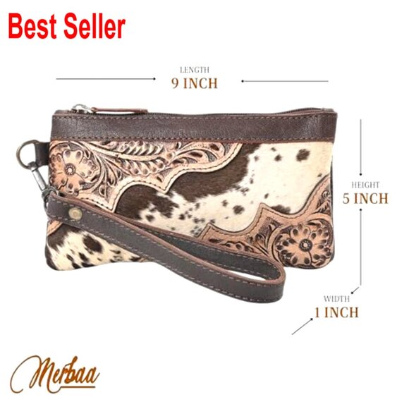 Hand Tooled Natural Cowhide Leather Clutch Bag with Zipper Pocket
